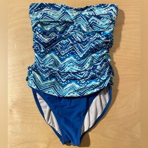 Beach Diva Blue Geometric One-Piece Strapless Swimsuit 10 (NH)